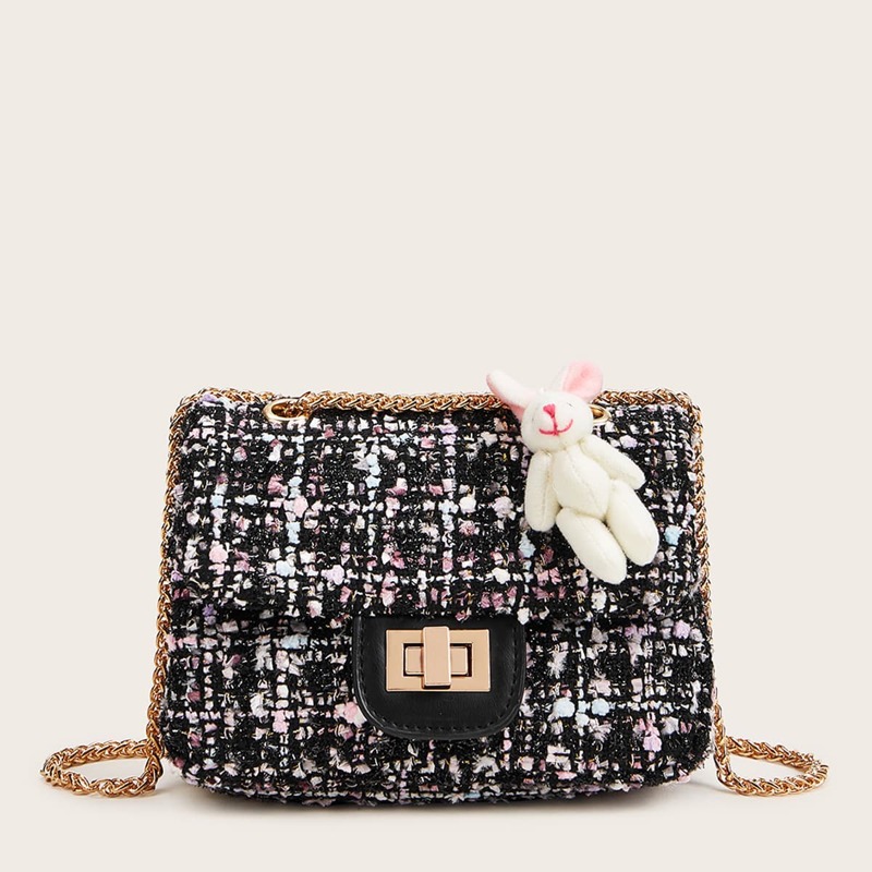 

Rabbit Decor Twist Lock Tweed Chain Crossbody Bag, Multicolor