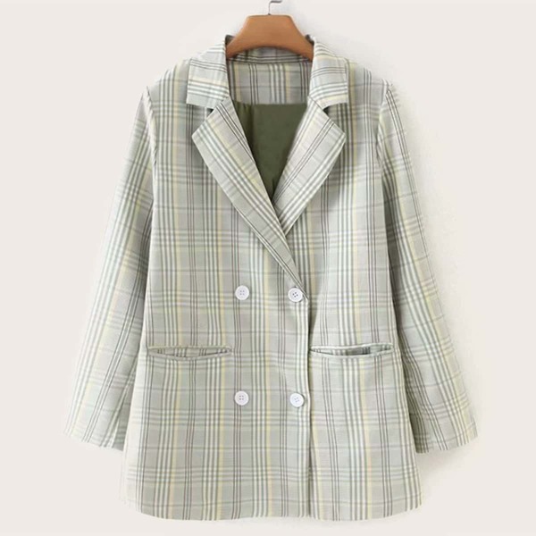 

Plaid Print Double Breasted Blazer, Green