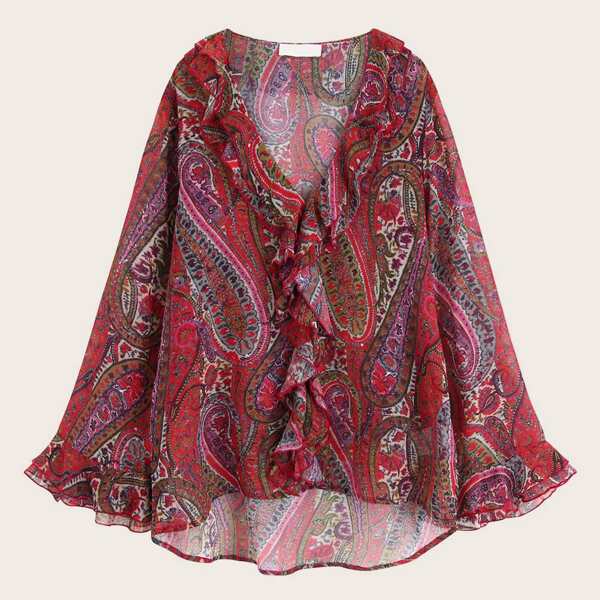 

Paisley Print Ruffle Trim Dip Hem Chiffon Blouse, Red