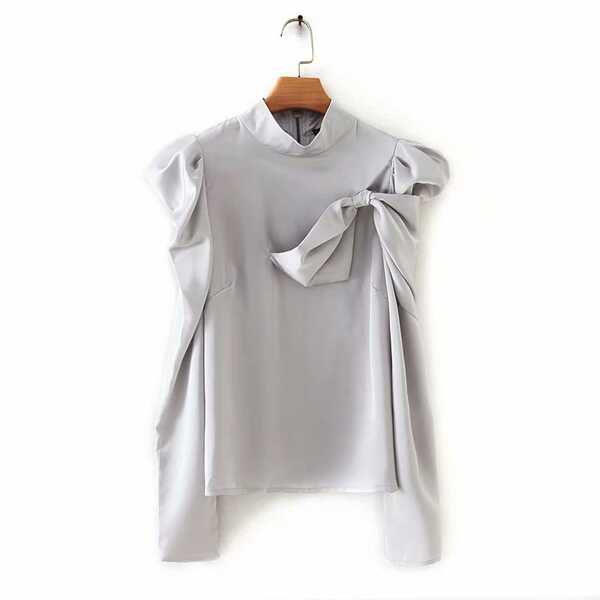

Tie Side Mock Neck Puff Sleeve Blouse, Grey