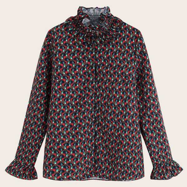 

Allover Print Ruffle Neck Blouse, Multicolor