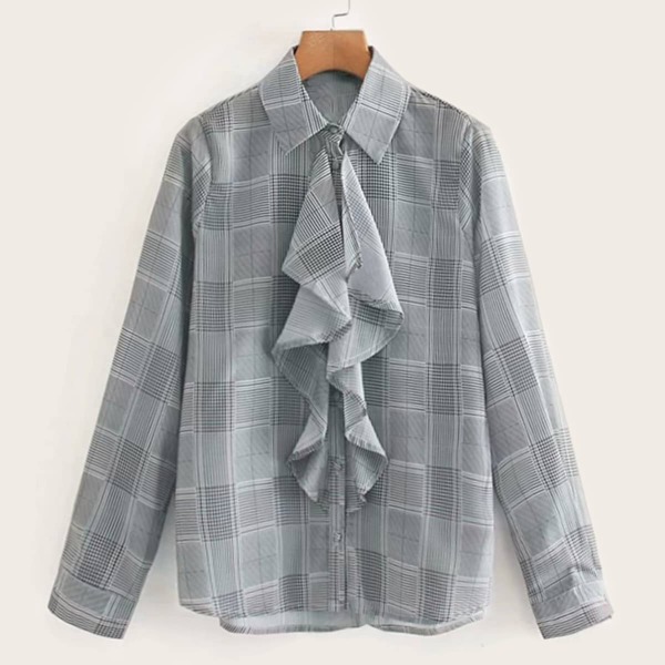 

Plaid Print Ruffle Trim Button Up Blouse