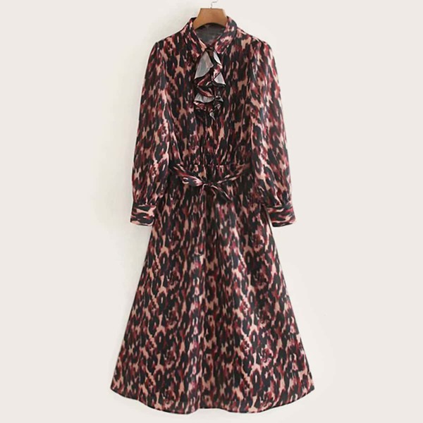 

Leopard Print Ruffle Trim Belted Dress, Multicolor