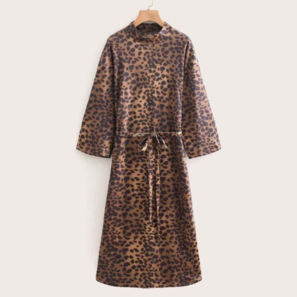 

Leopard Print Mock Neck Belted Dress, Multicolor