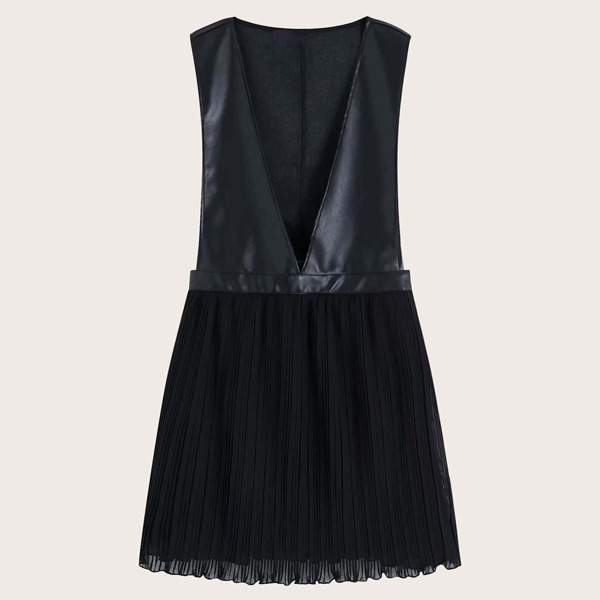

Contrast PU Pleated Hem Chiffon Dress, Black