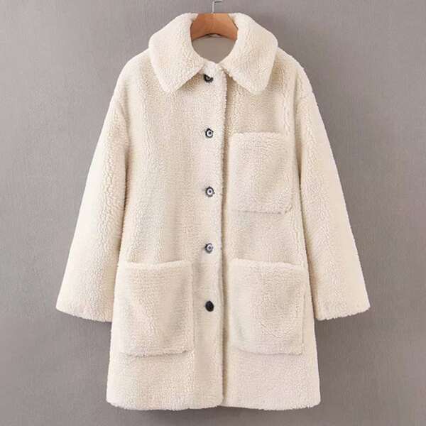 

Pocket Patched Button Up Teddy Coat, Beige