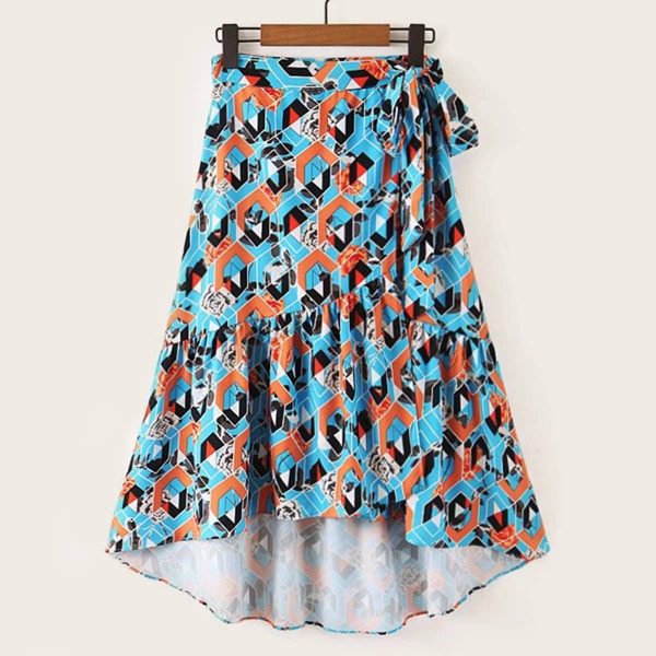 

Geo Print Knot Side Ruffle Hem Skirt, Multicolor