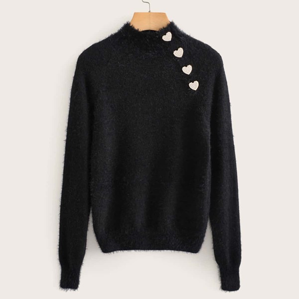 

Beaded Heart Pattern Fluffy Knit Sweater, Black