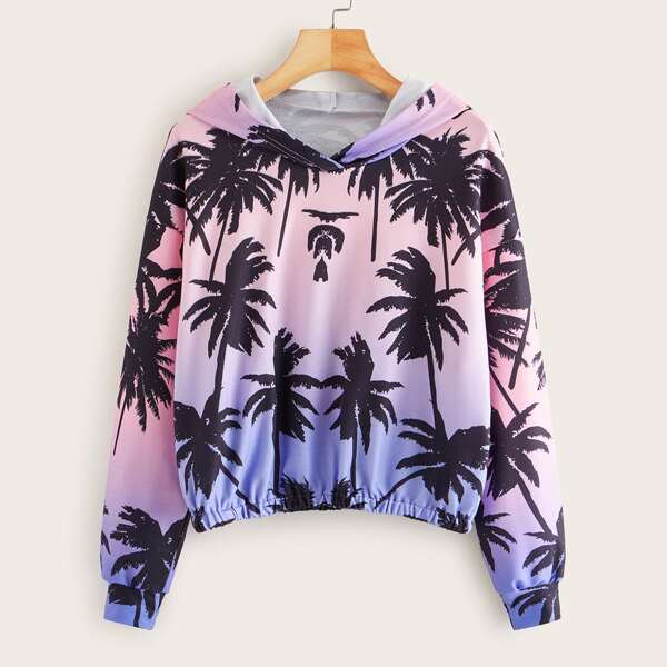 

Trees Print Drop Shoulder Ombre Hoodie