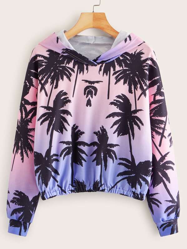 

Trees Print Drop Shoulder Ombre Hoodie