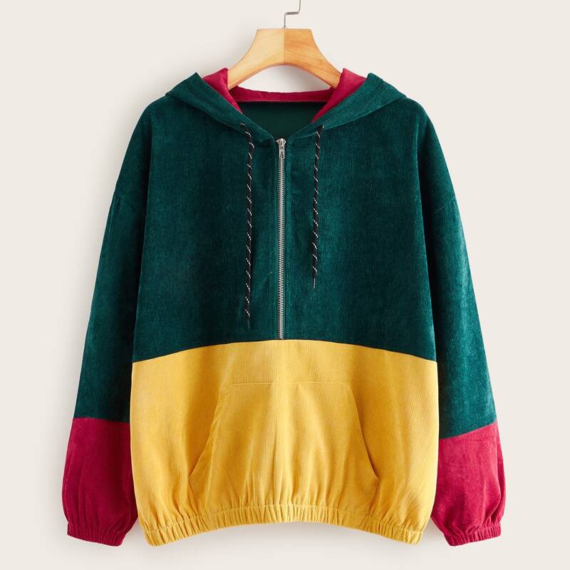 

Colorblock Zip Half Corduroy Hoodie, Multicolor