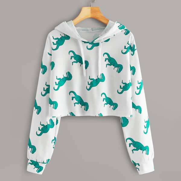 

Dinosaur Print Drop Shoulder Hoodie, White