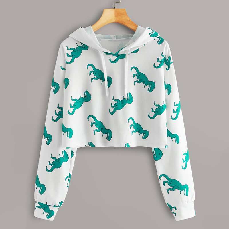 

Dinosaur Print Drop Shoulder Hoodie, White