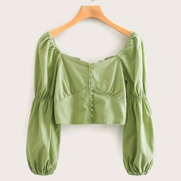 

Sweetheart Shirred Back Puff Sleeve Denim Top, Green