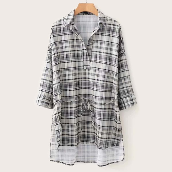 

Plaid Print High Low Self Tie Blouse, Black and white