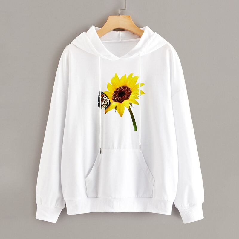 

Sunflower & Butterfly Print Kangaroo Pocket Hoodie, White