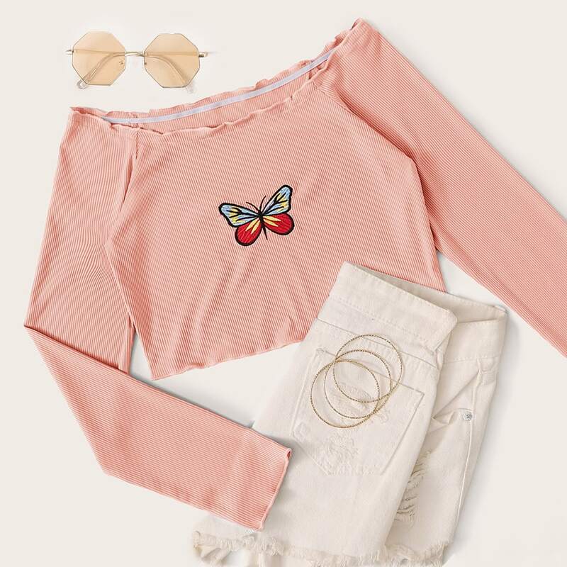 

Butterfly Embroidered Crop Bardot Tee, Pink