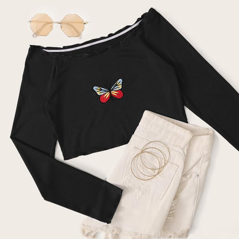 

Butterfly Embroidered Crop Bardot Tee, Black