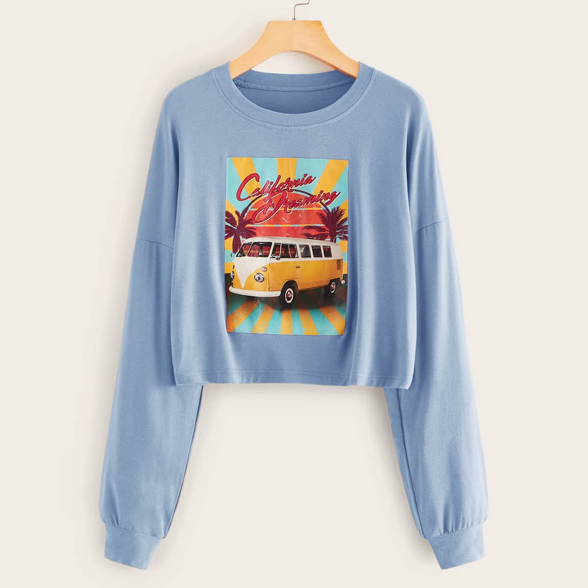 

Car & Tropical Print Drop Shoulder Tee, Blue