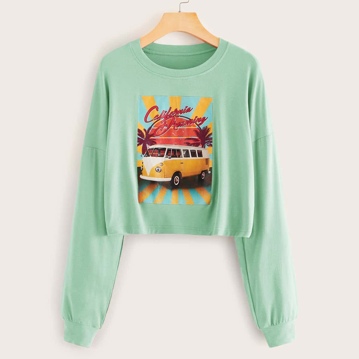

Car & Tropical Print Drop Shoulder Tee, Green