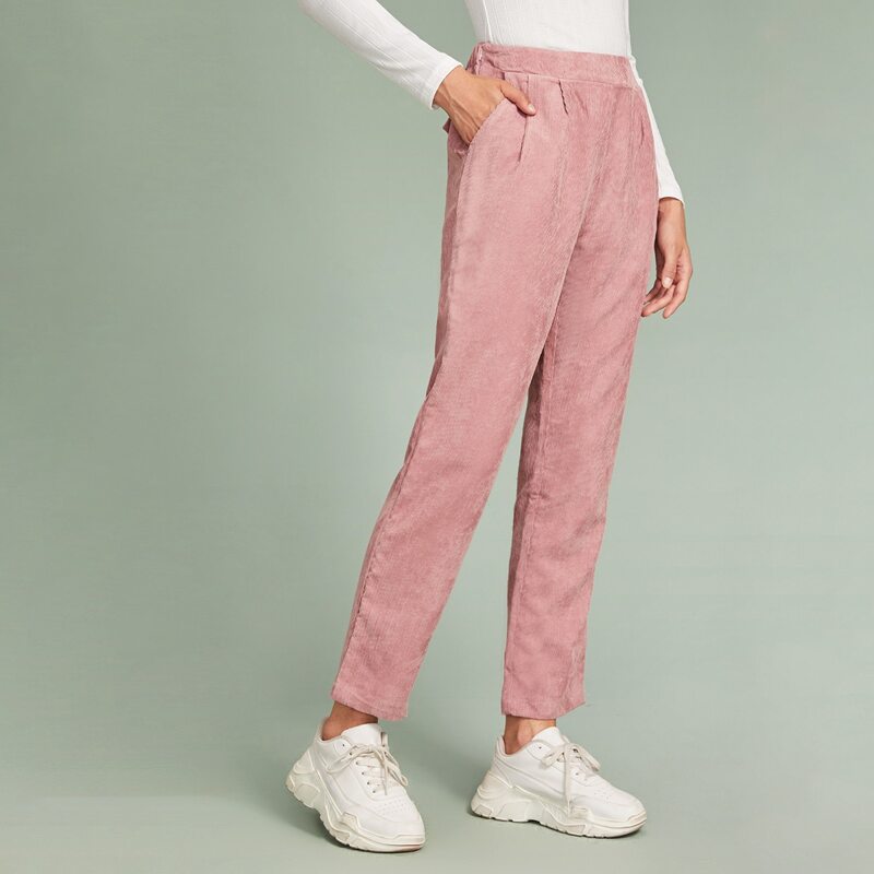 

Faux Flap Pocket Back Cord Peg Pants, Pink