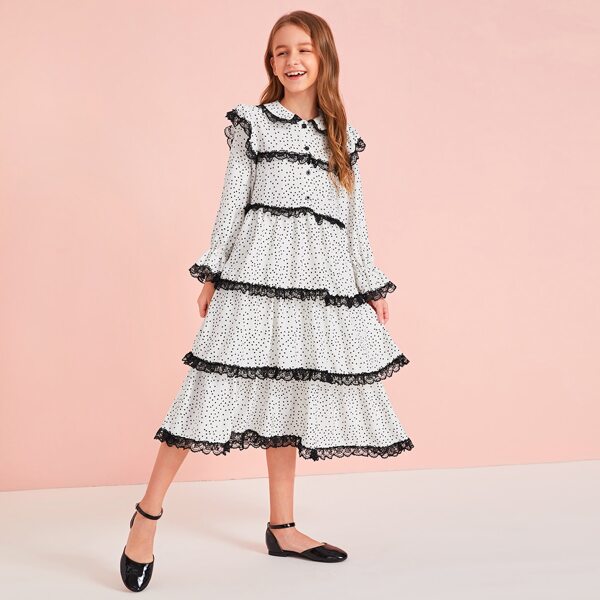 

Girls Contrast Lace Trim Half Placket Polka Dot Dress, White