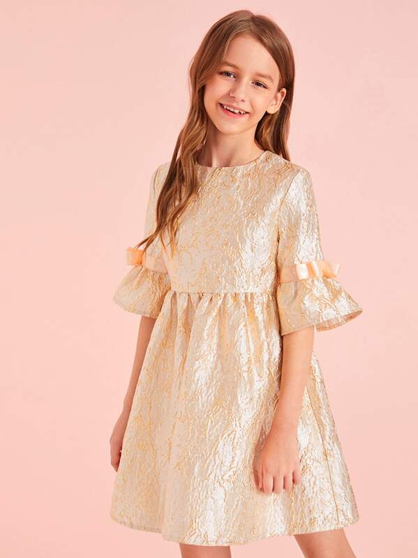 

Girls Ribbon Bow Detail Flounce Sleeve Smock Jacquard Dress, Beige, Sashab