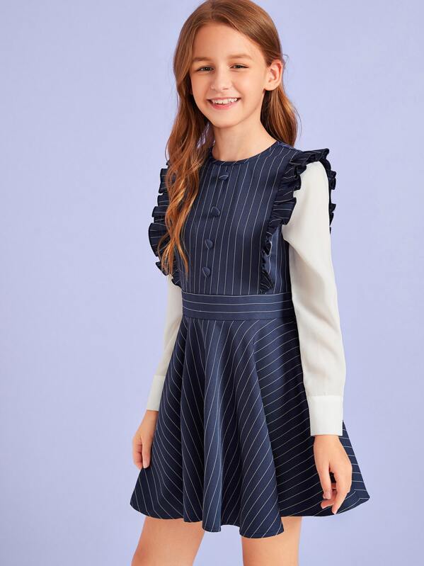 

Girls Ruffle Armhole Button Detail 2 In 1 Striped Dress, Navy, Sashab