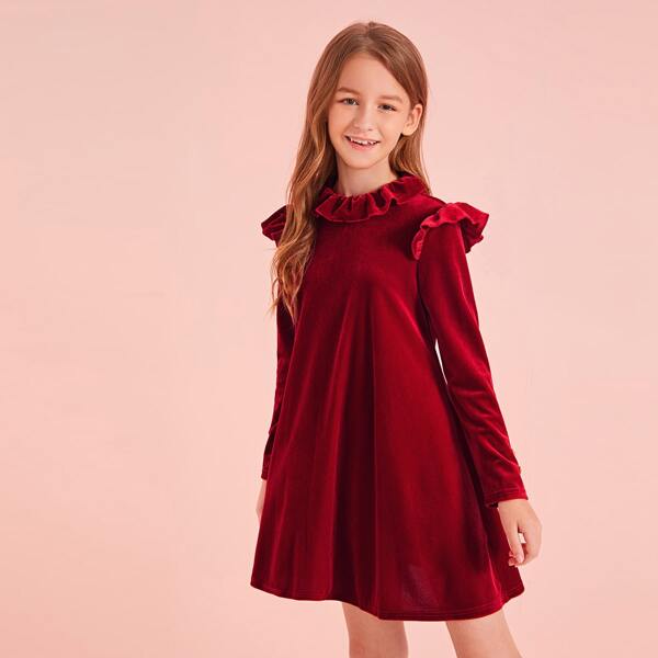 

Girls Keyhole Back Ruffle Detail Velvet Dress, Burgundy