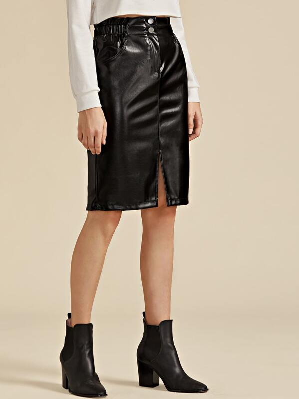 

Paperbag Waist Split Front Faux Leather Skirt, Black, Mila