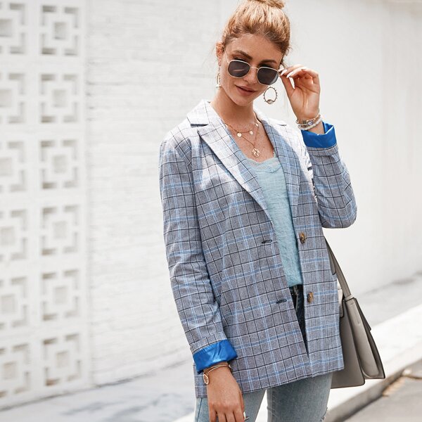 

Lapel Neck Button Front Plaid Blazer, Grey