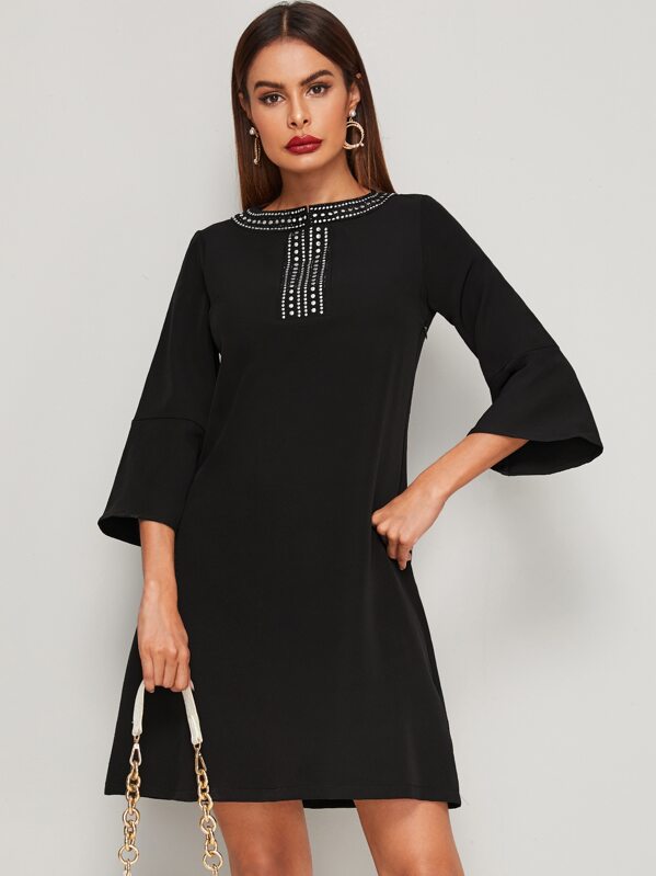 

Metal Beaded Flounce Sleeve Dress, Black, Andy