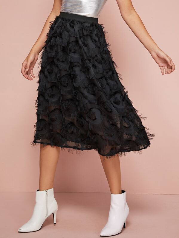 

Elastic Waist Fuzzy Solid Skirt, Black, Luiza