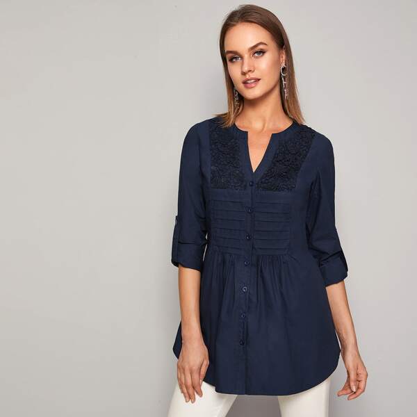 

Notched Collar Curved Hem Lace Detail Blouse