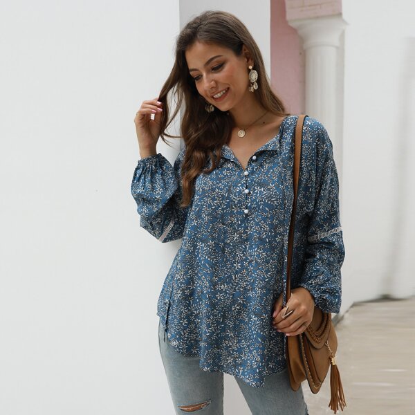 

Ditsy Floral Beaded Button Blouse, Blue