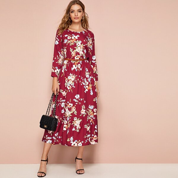 

Floral Print Flounce Hem Dress Without Belt, Red