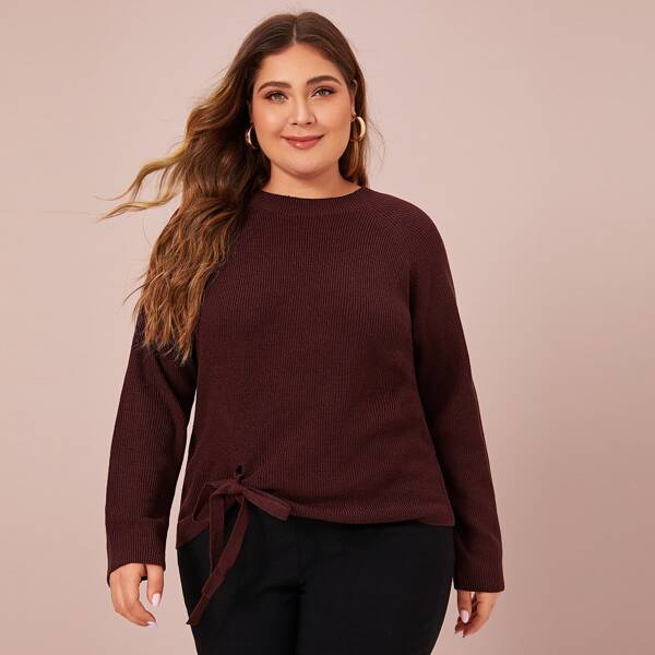 

Plus Knot Hem Ribbed Knit Sweater, Burgundy