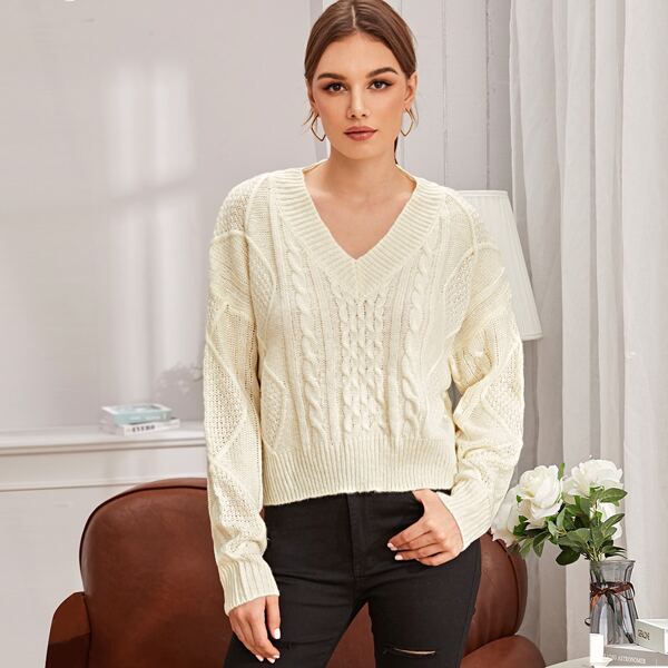 

V-neck Drop Shoulder Cable Knit Sweater, Beige pastel