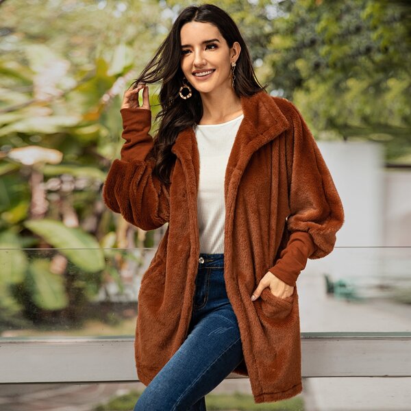 

Bishop Sleeve Slant Pocket Faux Fur Coat, Brown
