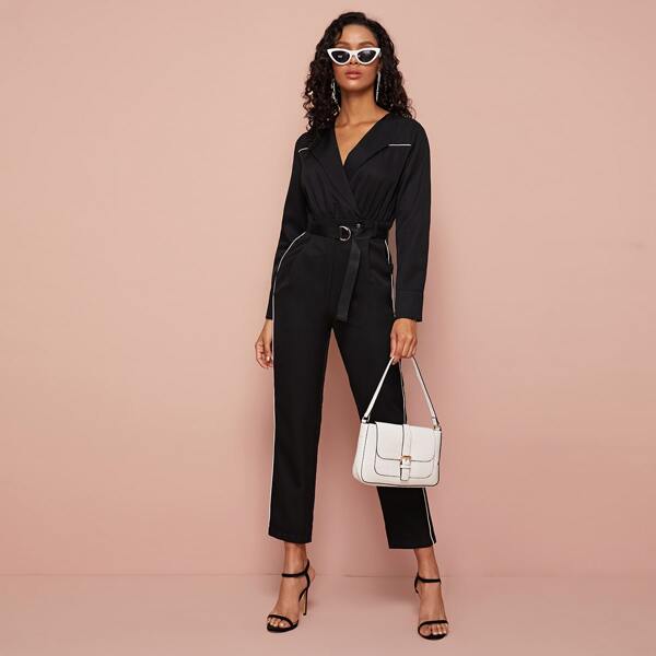 

Surplice Front Contrast Binding Belted Jumpsuit, Black