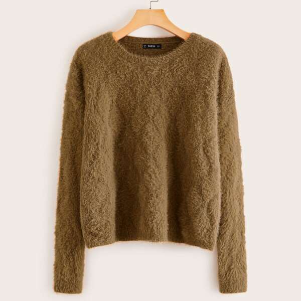 

Drop Shoulder Fluffy Sweater, Brown