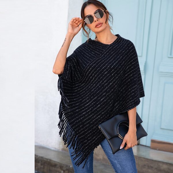 

V Neck Fringe Hem Sweater Poncho, Black