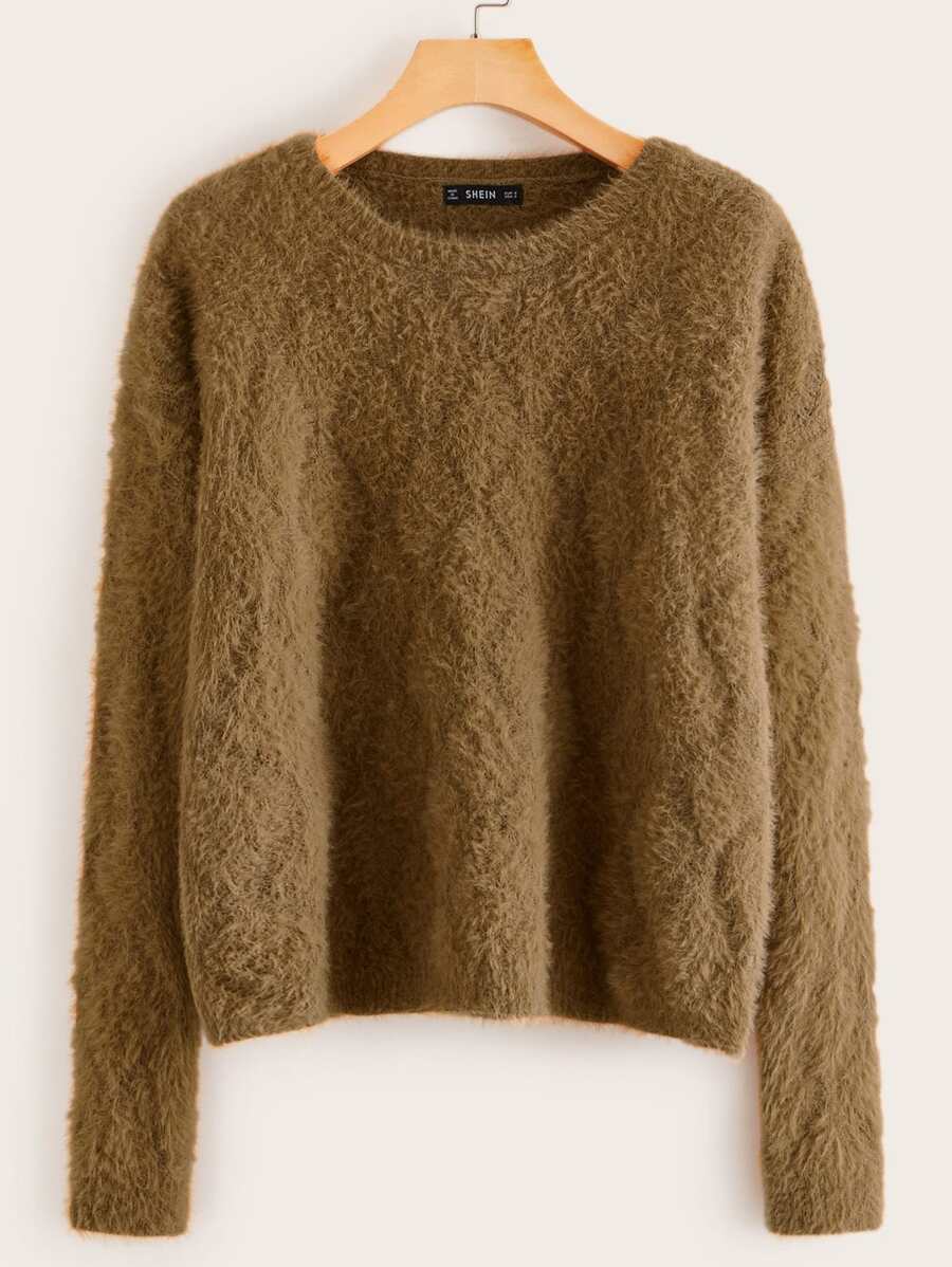 SHEIN 落肩毛絨毛衣 - 摩卡棕 - 查看 1