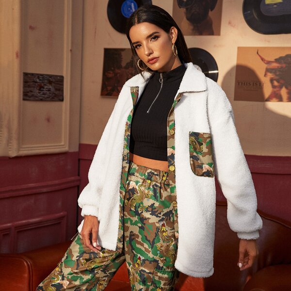 

Contrast Camo Button Through Teddy Coat, White