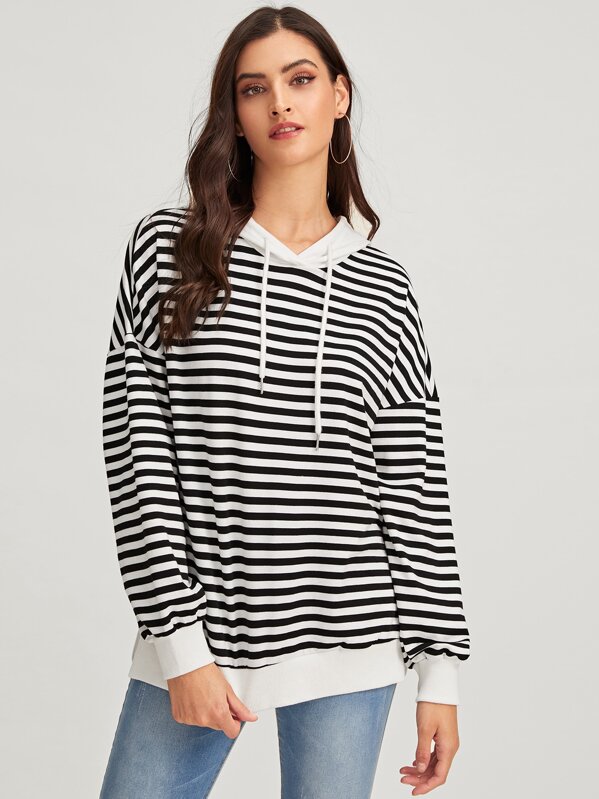 

Solid Hood Split Hem Striped Sweatshirt, Black and white, Mila