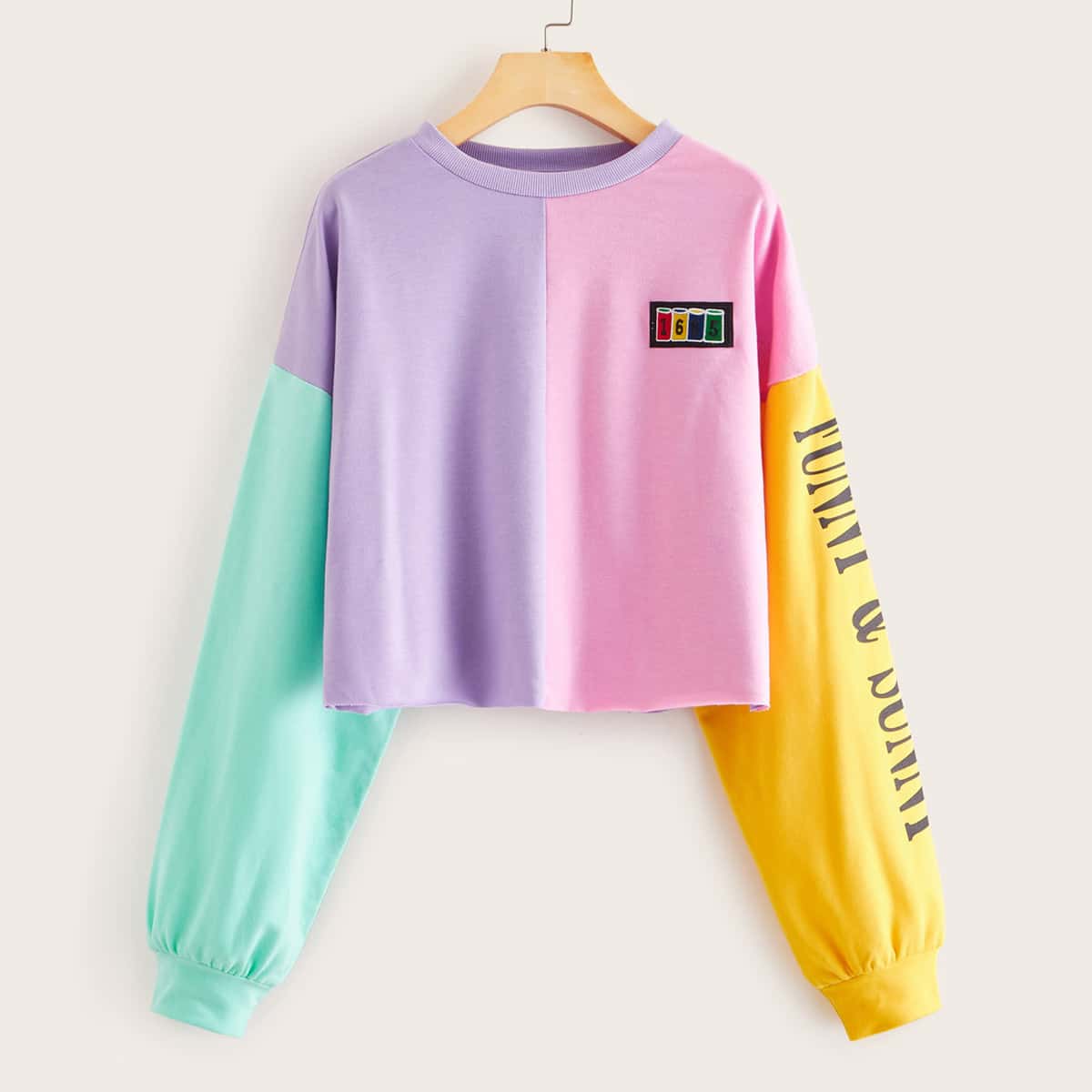 

Colorblock Lantern Sleeve Crop Sweatshirt, Multicolor