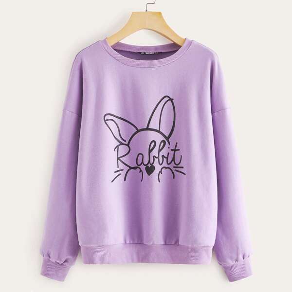 

Cartoon and Letter Graphic Drop Shoulder Hoodie, Purple pastel