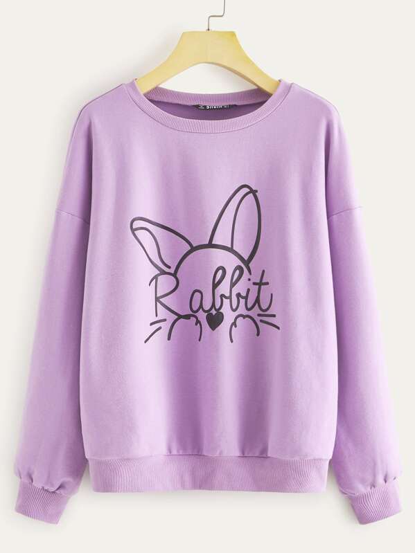 

Cartoon and Letter Graphic Drop Shoulder Hoodie, Purple