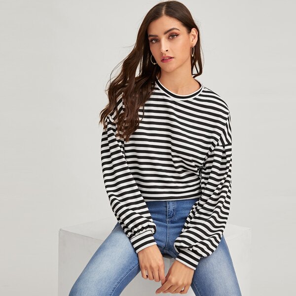 

Drop Shoulder Lantern Sleeve Striped Pullover, Black and white