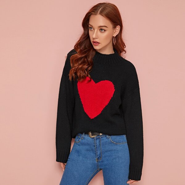 

Heart Print Ribbed Knit Sweater, Black